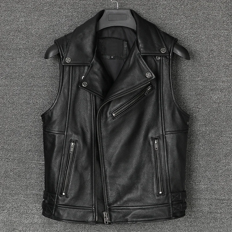 New Genuine Cowhide Leather Vest Men's Oblique Zipper Motorcycle Biker Vests Stand Collar Sleeveless Jackets Waistcoat