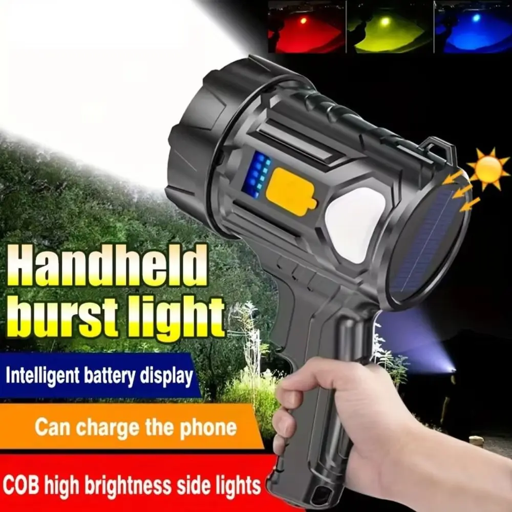 

3000 Lumens Rechargeable Spotlight Long-Lasting Battery 3-Color Filter LED Searchlight COB Light Super Bright Solar Flashlight