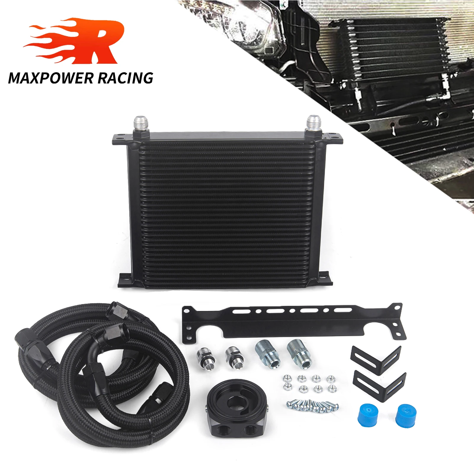 

AN10 Black 30 Rows Oil Cooler Kit+Black/Silver Oil Filter Sandwich Adapter+Nylon Steel BraidedHose+Mounting Bracket