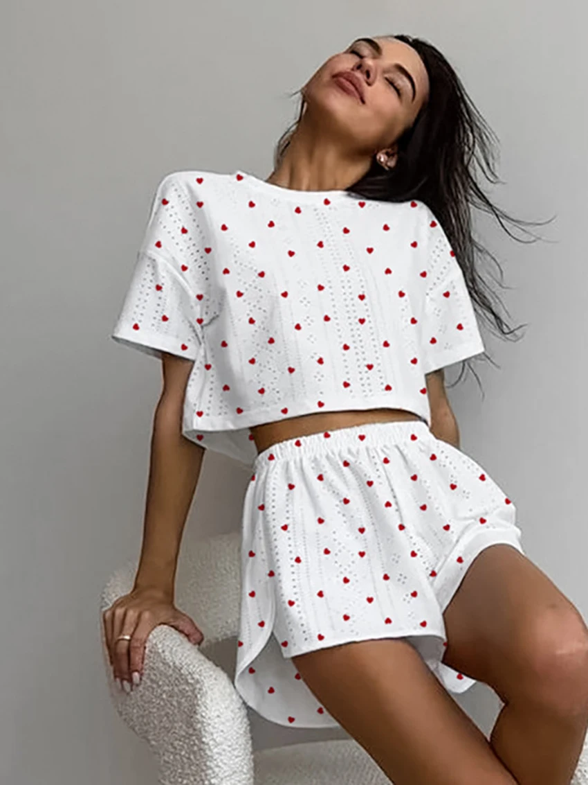 Marthaqiqi Printing Female Sleepwear 2 Piece Suit O-Neck Pajama Short Sleeve Nightie Crop Top Nightwear Shorts Casual Pyjama Set