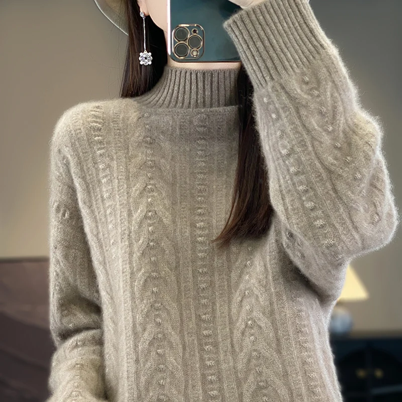 Autumn Winter Basic Mock Neck 100% Merino Wool Sweater Pullover Cashmere Solid Color Lazy Style Long Sleeves Clothing Tops