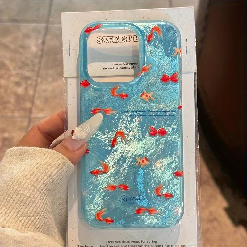 Funda de Silicona de Lujo con Diseño de Pez Dorado Azul Océano para iPhone 17 16 15 14 13 12 11 17 Pro Max, Fundas 7 8 Plus XR XS, Carcasa Antigolpes
