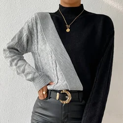 Knit Sweaters Women Irregular Patchwork Pullovers Half High Collar Casual Thick Top Jumpers Long Sleeve Elegant Lady Winter