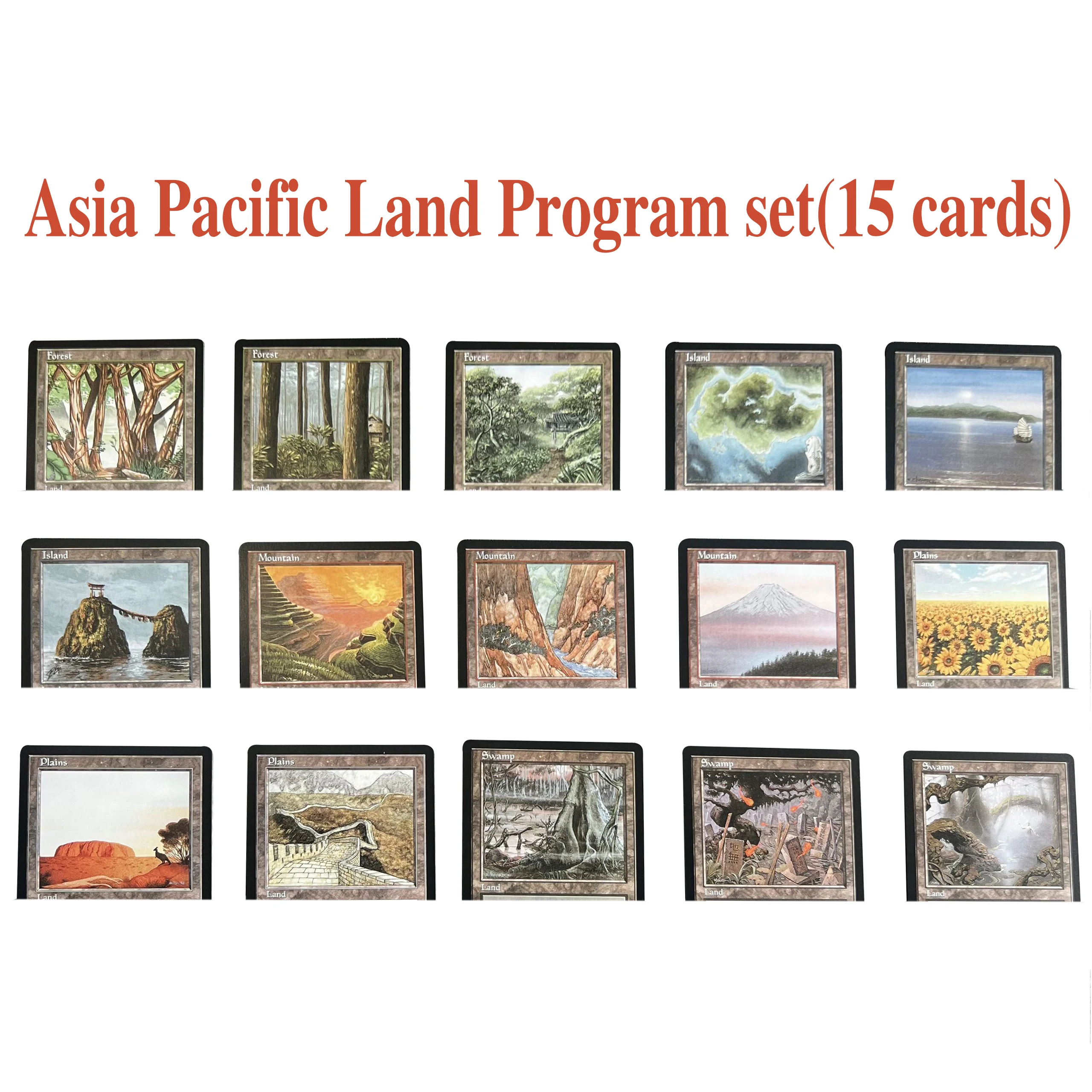 Обычный набор карт Asia Pacific Land (15 карт) Program (PALP) Mountain # 8 Островов # Два равнинных района # 14 Болото # 15 Лес # Настольная игра с 6 TCG-картами