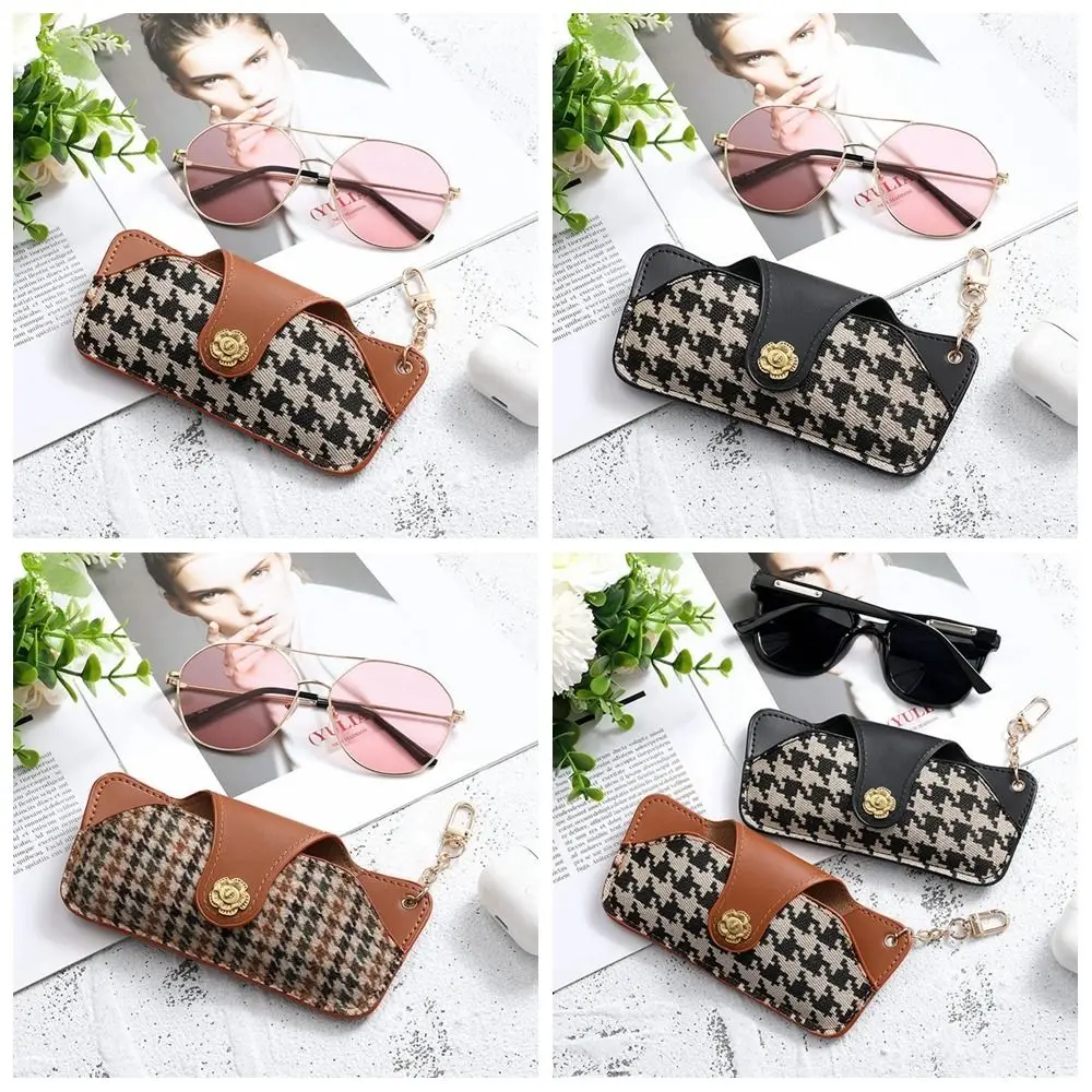 Printing Houndstooth Glasses Bag PU Leather Sunglasses Pouch Glasses Storage Bag Eyewear Protector Case with Hanging Buckle