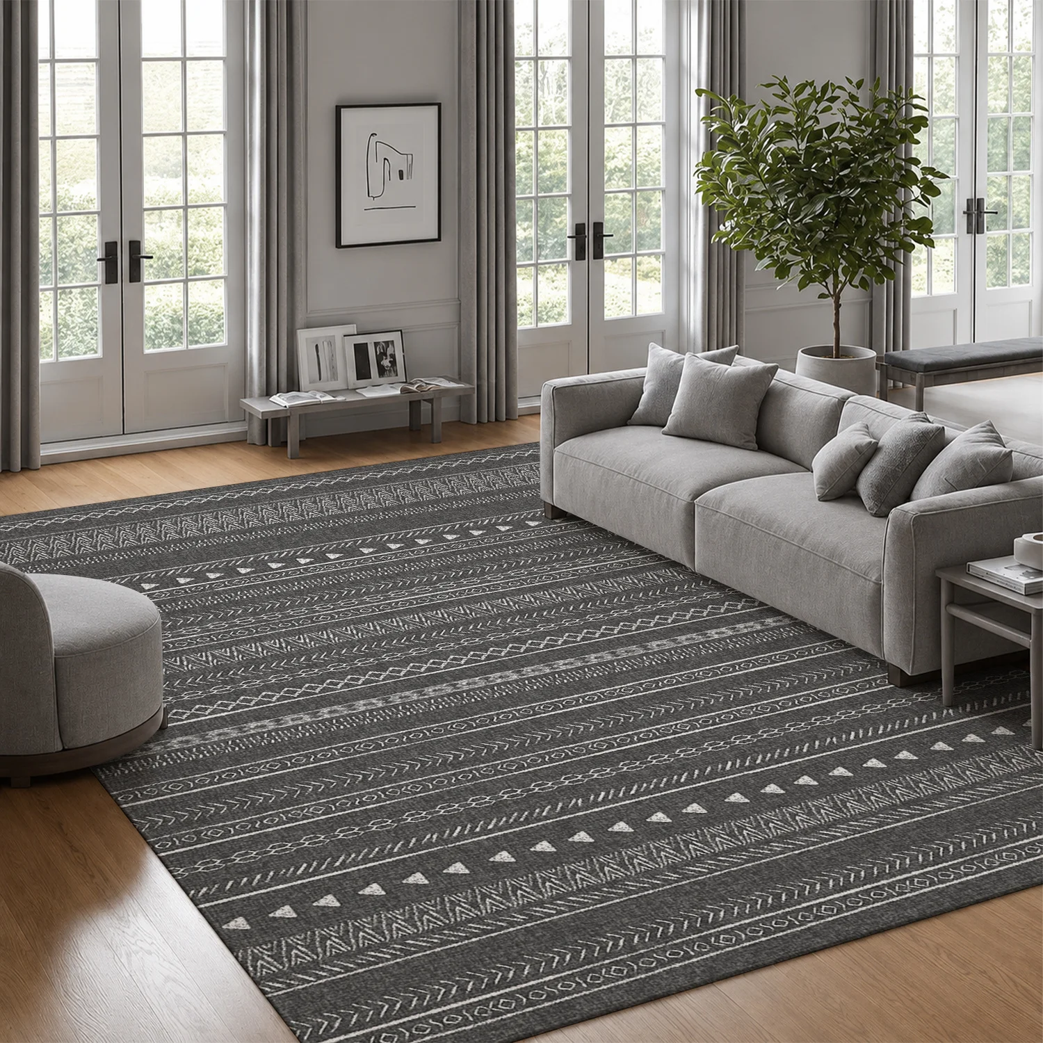 Large Indoor Area Rug, Soft Velvet Low Pile with Non-Slip Dotted Backing, Machine Washable Gray Tribal Geometric Vertical Stripe Rug for Living Room, Bedroom, and Entryway