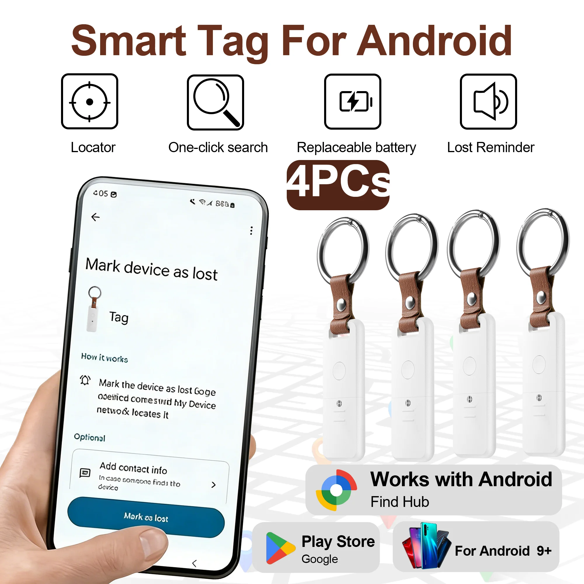 

Набор из 4 новых интеллектуальных трекеров для Android, совместимых с Android Find Hub, с ультрадолгим временем автономной работы, подходят для ключей.
