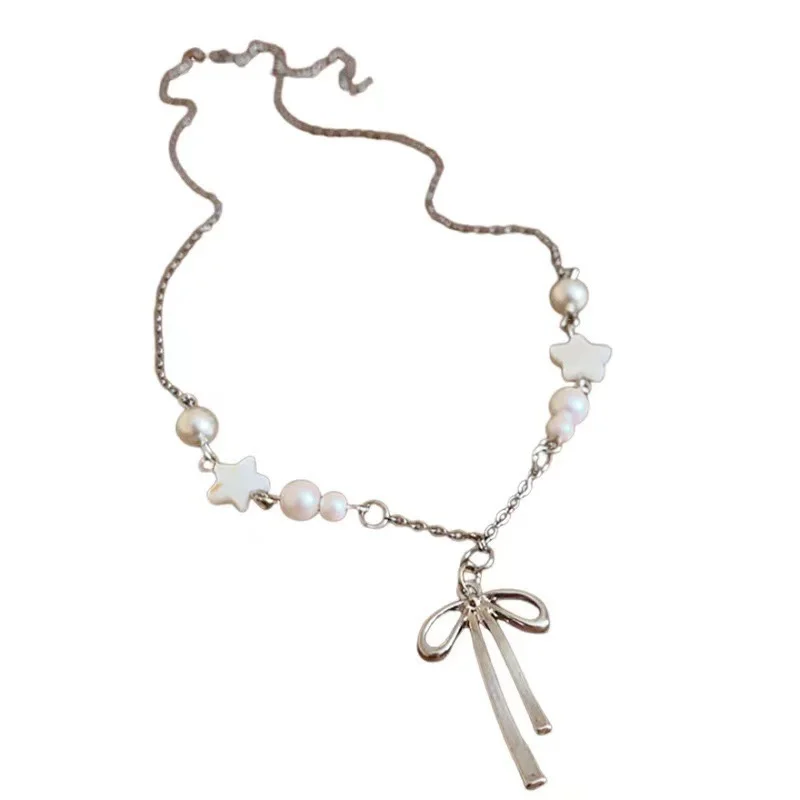 Trendy Perle Perlen Perle Band Bowknot Halskette für Frauen Einfache Stern Bogen Quaste Colliers Elegante Schlüsselbein Kette Partei Schmuck – Detail 7