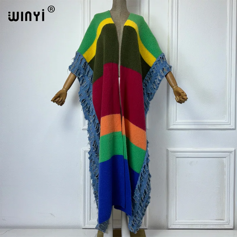 WINYI Hole denim patchwork winter long cardigan African woman maxi dress abaya outfits for women coat Open Front Loose Kimono