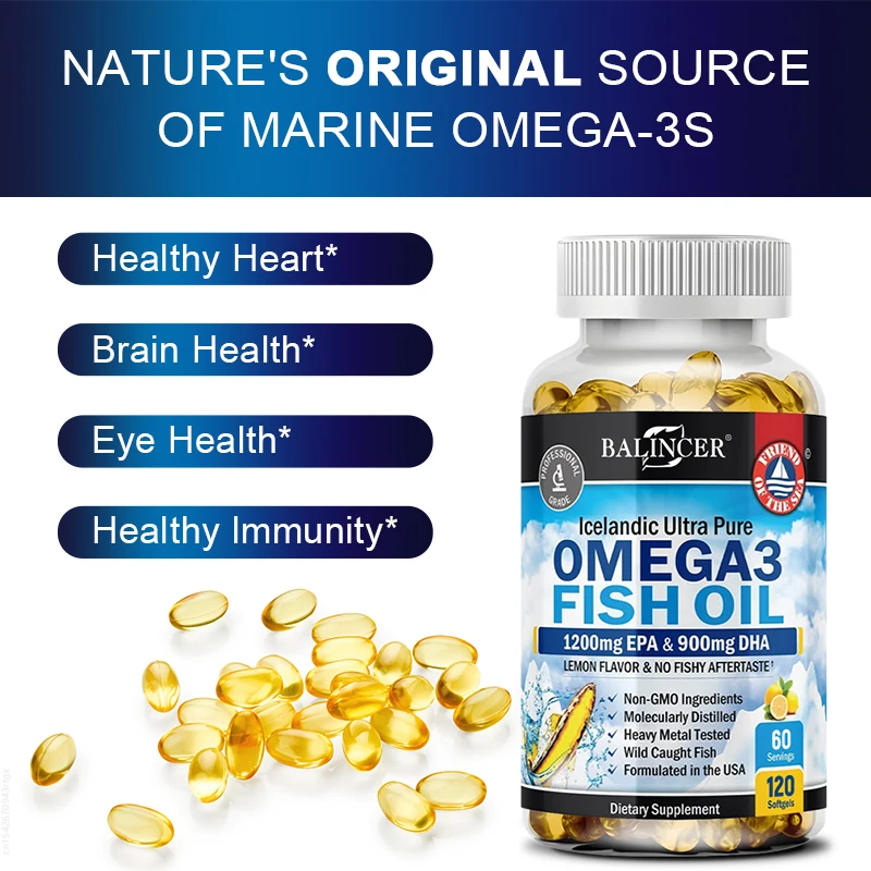 Fish Oil Supplement - DHA Fatty Acid - Supports Healthy Heart, Brain Health, Eye Health, Improves Immune, Gluten Free