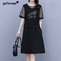 2 Piece Sets Women New Summer Korean Fashion See Through Mesh Short Sleeve Tops Female Casual Black Rhinestone Midi Dress Outfit