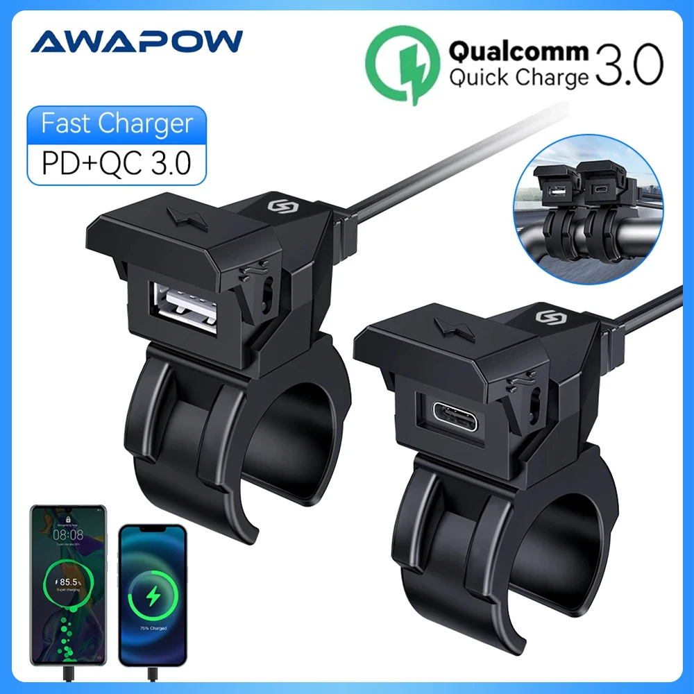 

Зарядное устройство USB Type-C для мотоцикла, автомобильный PD QC3.0, руль, быстрая зарядка, 12/24 В, водонепроницаемый монтажный кронштейн на руль, зарядка телефона