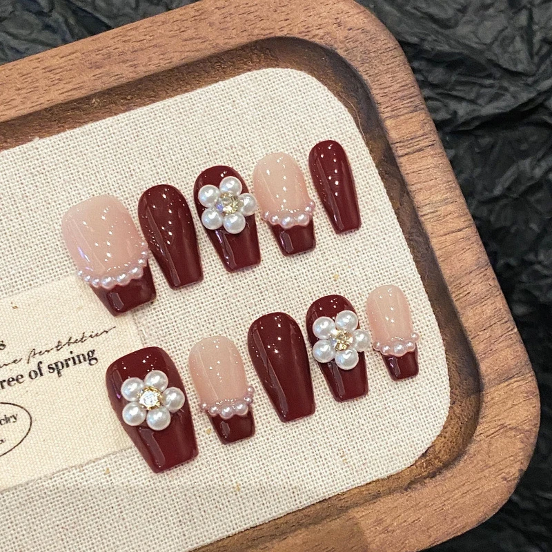 10Pcs Handmade Mid-Length Red Press on Nail with Pearl French Nail Sweet Fashion Polka Dot Fake Nails Wearable Acrylic Nail Tips