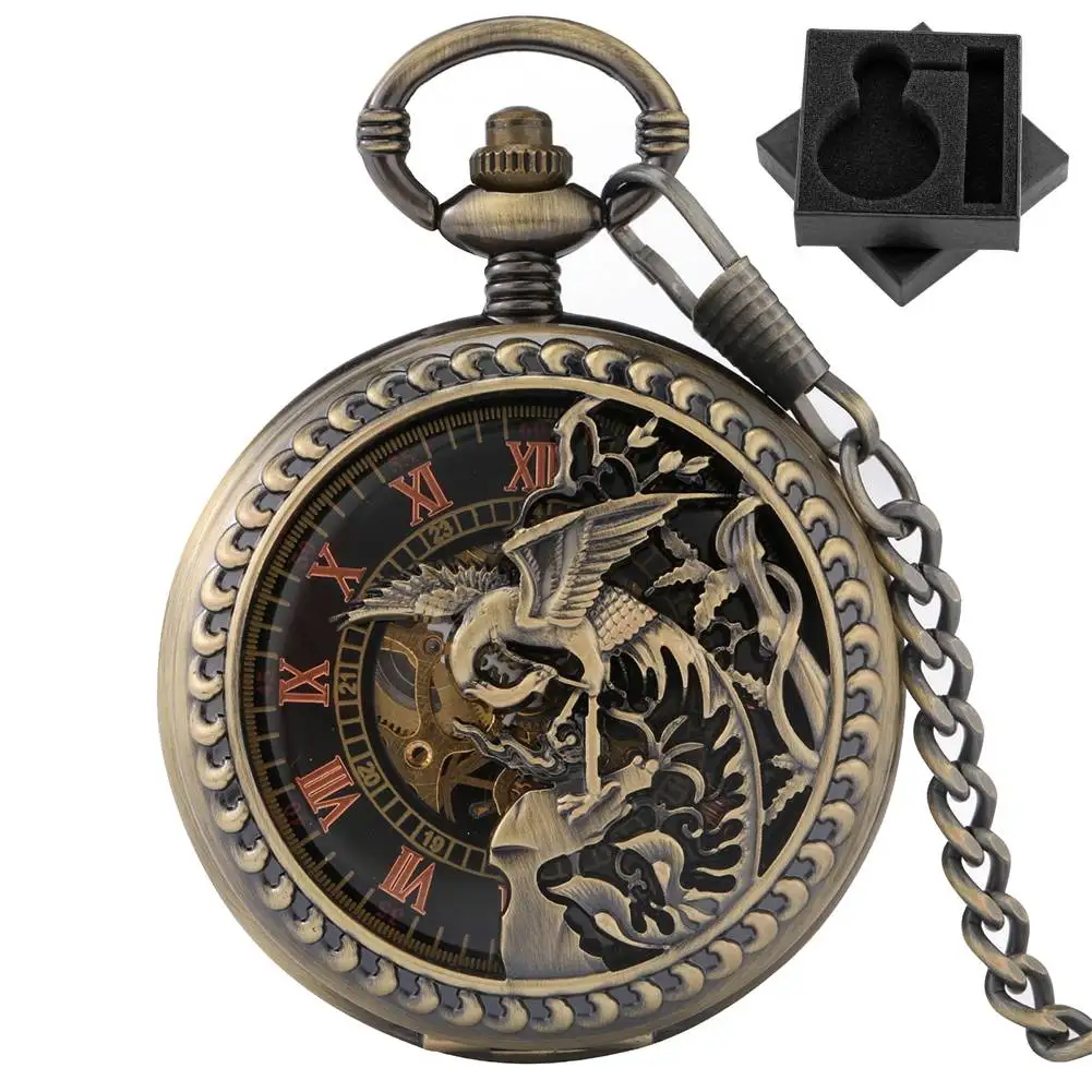 

Винтажные роскошные бронзовые механические карманные часы Phoenix с ручным заводом и двойными крышками, часы-подвеска на цепочке-брелок для подарка в стиле ретро