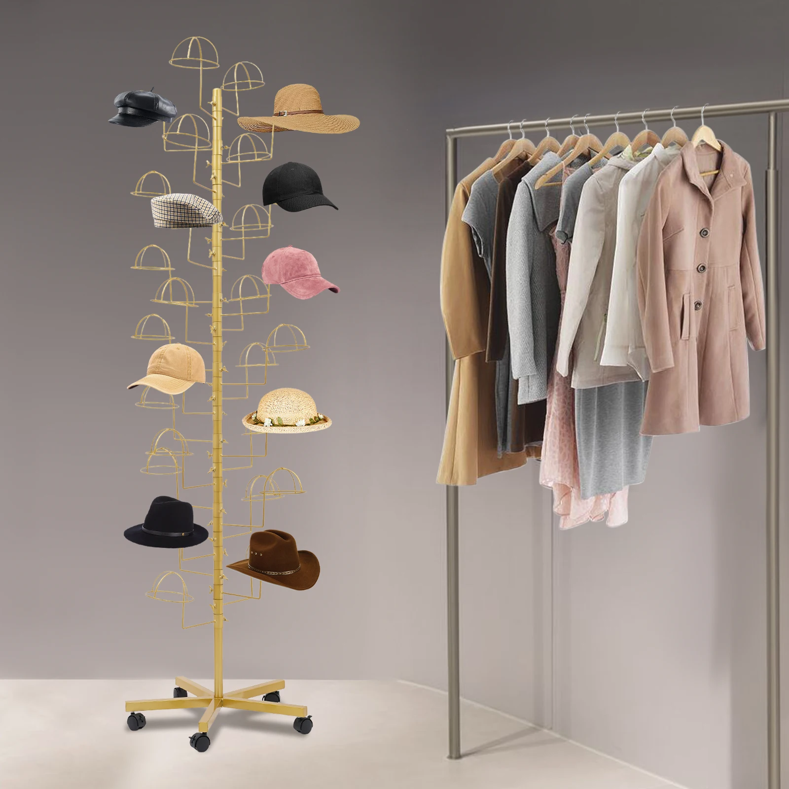 

Металлическая подставка для шляп золотого цвета с 30 крючками, напольная стойка для хранения шляп, передвижной металлический органайзер для головных уборов для магазина одежды и дома