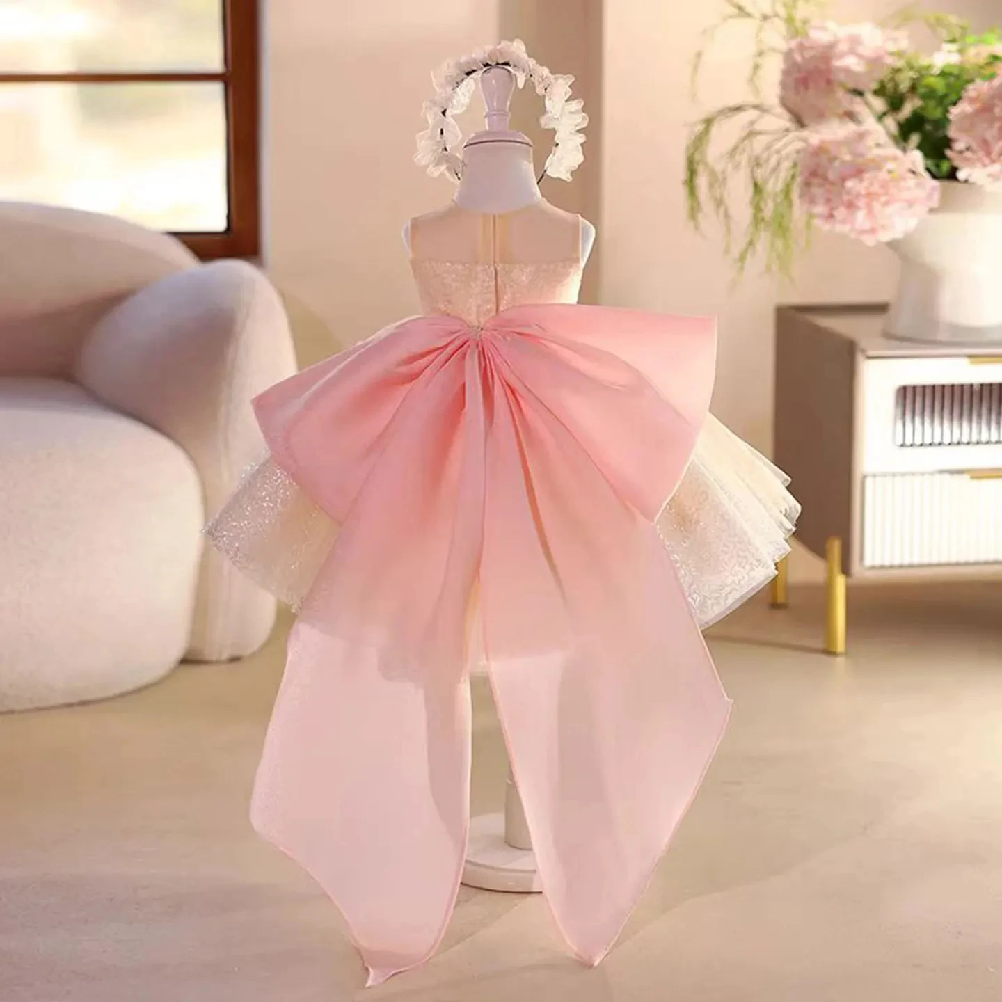 Maßgeschneidertes Blumenmädchenkleid für die Hochzeit, Applikationen, Glitzer, Schleife, ärmellos, knielang, für Kinder, Geburtstag, Erstkommunion