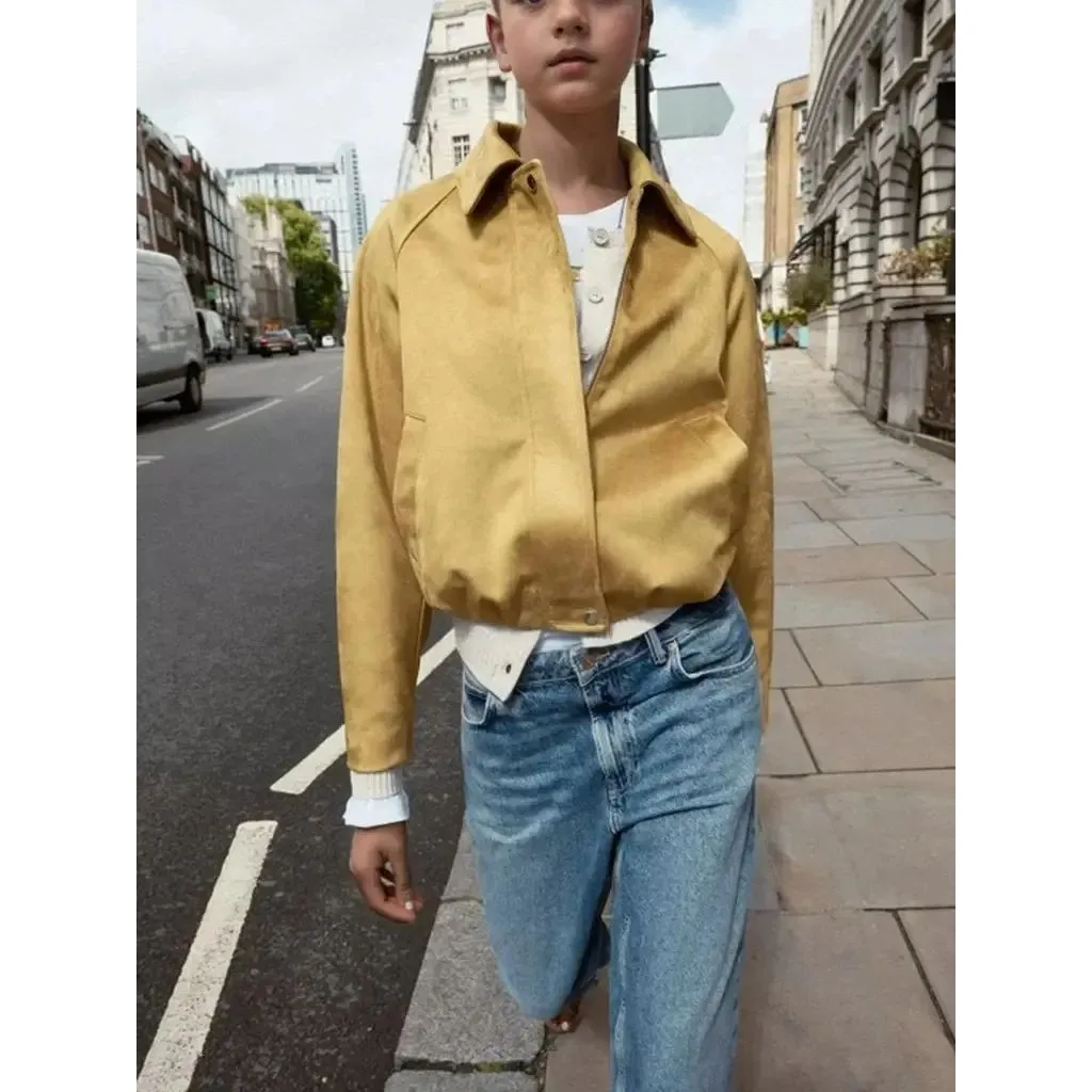 

Women's Long Lapel Suede Bomber Jaet Cleanfit Sle Winter Thiened Zipper Closure Faionable Ladies' Outerwear