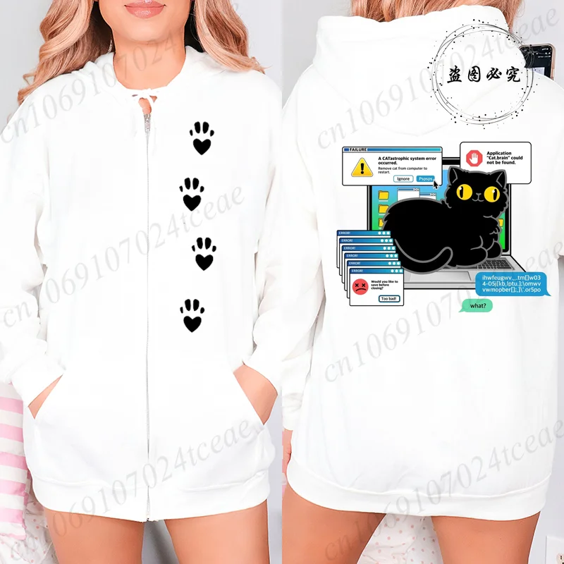 

Ноутбук Cat Error Винитные толстовки на молнии Женские толстовки с капюшоном и длинными рукавами Женская одежда Harajuku Графическая верхняя одежда