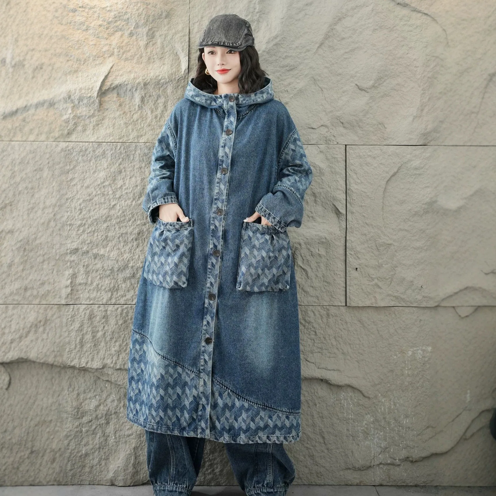 SuperAen Original Design Retro Hooded Denim Long Trench for Women 2026 New Autumn Loose Oversize Fashion Coat
