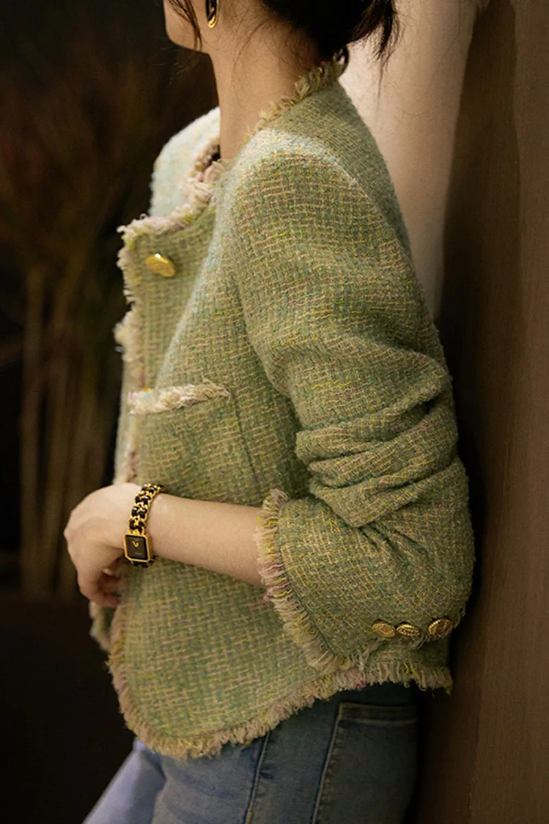 Ele een ort Płaszcz Damski Tweedowy Top Wiosna 2025 Nowy Elegancki Guziki Okrągły Dekolt Długi Rękaw Prosty Krój