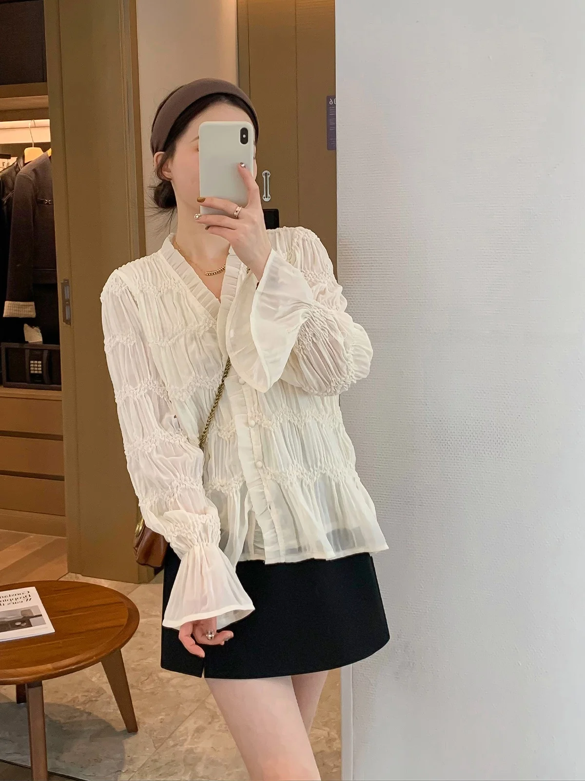 

Женская плиссированная шифоновая блузка Love Devil Fi с длинным рукавом, свободного кроя, в корейском стиле, весна 2026, уникальный элегантный модный дизайн