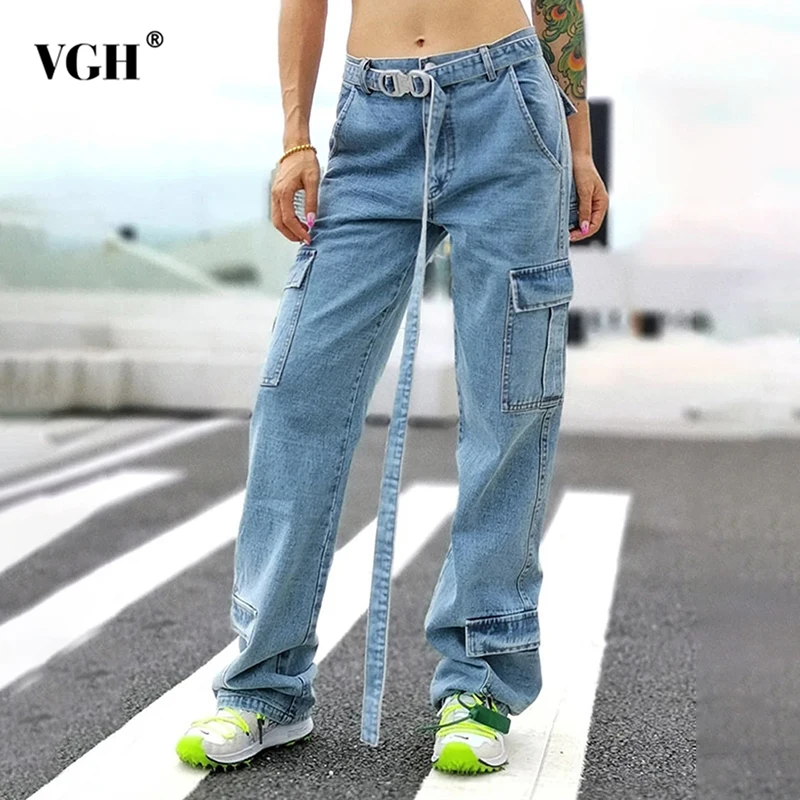 VGH Sexy Hollow Out Denim Pants For Women High Waist Patchwork Belts Casual Loose Wide Leg Denim Pants Female Fashion Clothing