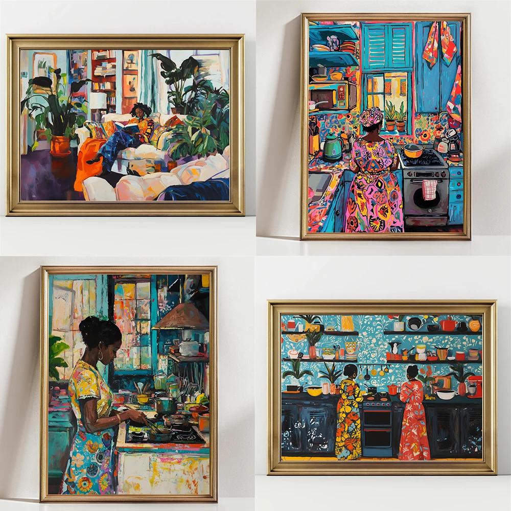 Colorful Kitchen Black Girl Art Print Vibrant Kitchen Decor Henri Matisse Style Cooking Canvas Painting Afrocentric Hair Salon