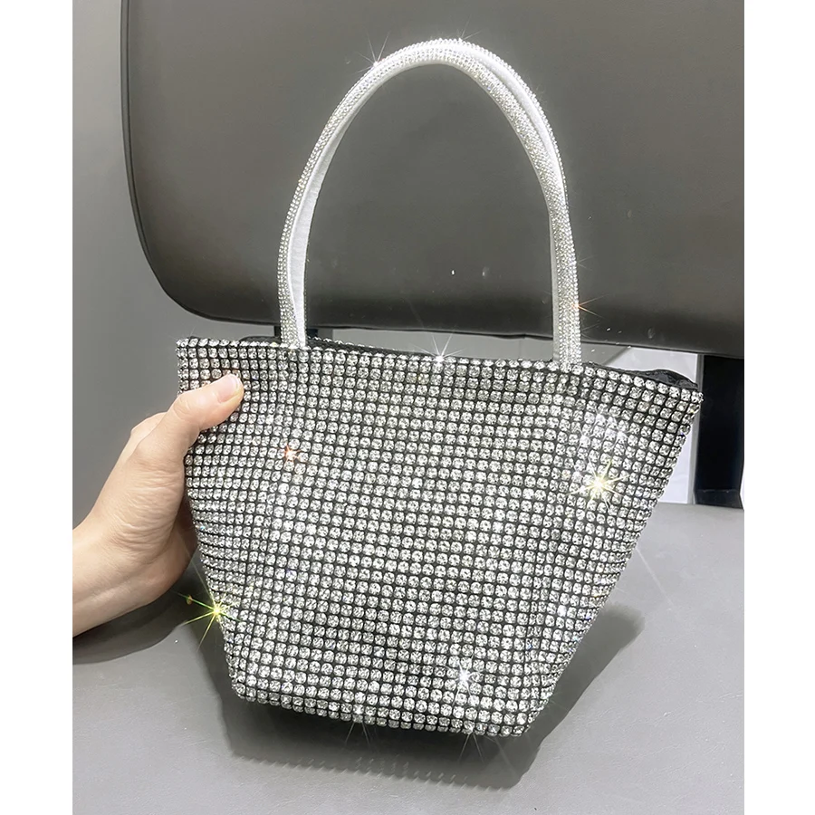 Shiny All-Crystal Chain Bucket Shoulder Bag Rhinestone Handmade Purses and Handbags Luxury Designer Evening Clutch Bag Purse Sac