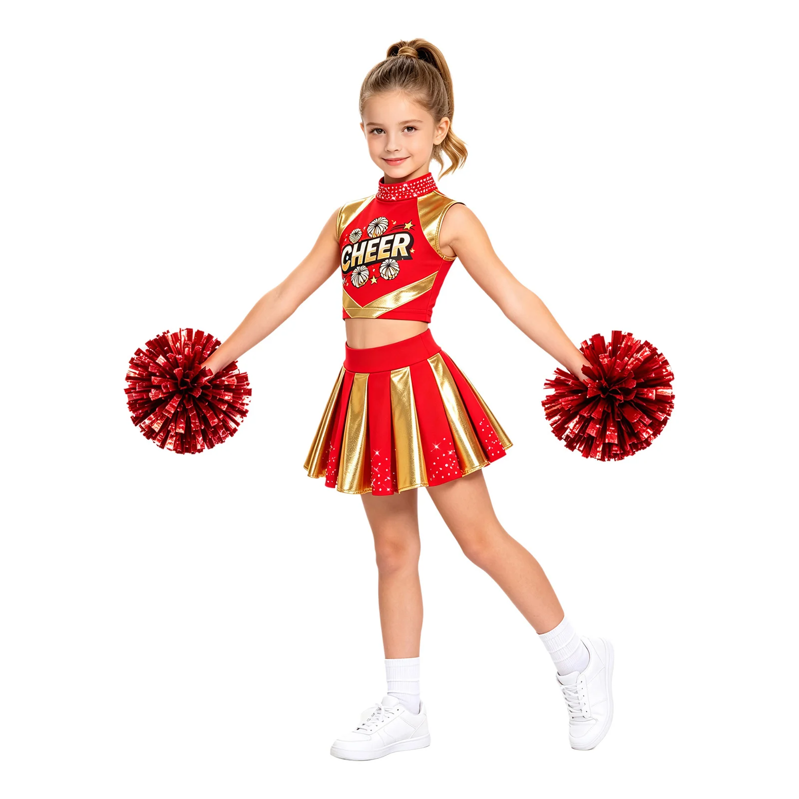 Cheerleader-Kostüm für Mädchen, Cheerleading-Uniform, 2-teiliges Set, ärmelloses Top mit Strasssteinen und „CHEER“-Aufdruck, kurzes Oberteil, plissierter Rock, Tanzoutfit. – Detail 14