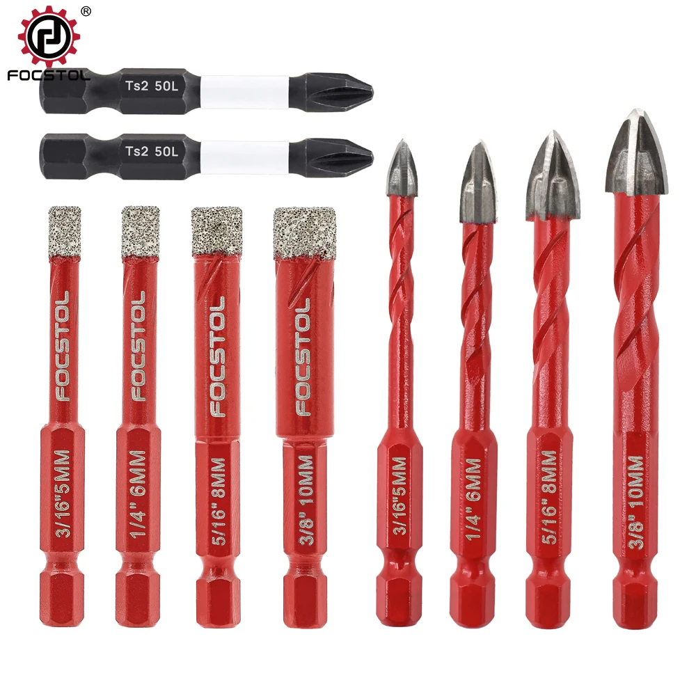 

FOCSTOL 10pcs Dry Diamond Drill Bits Set Core Drill Bit Kit Quick Change Hex Shank for Porcelain Granite Tile Marble
