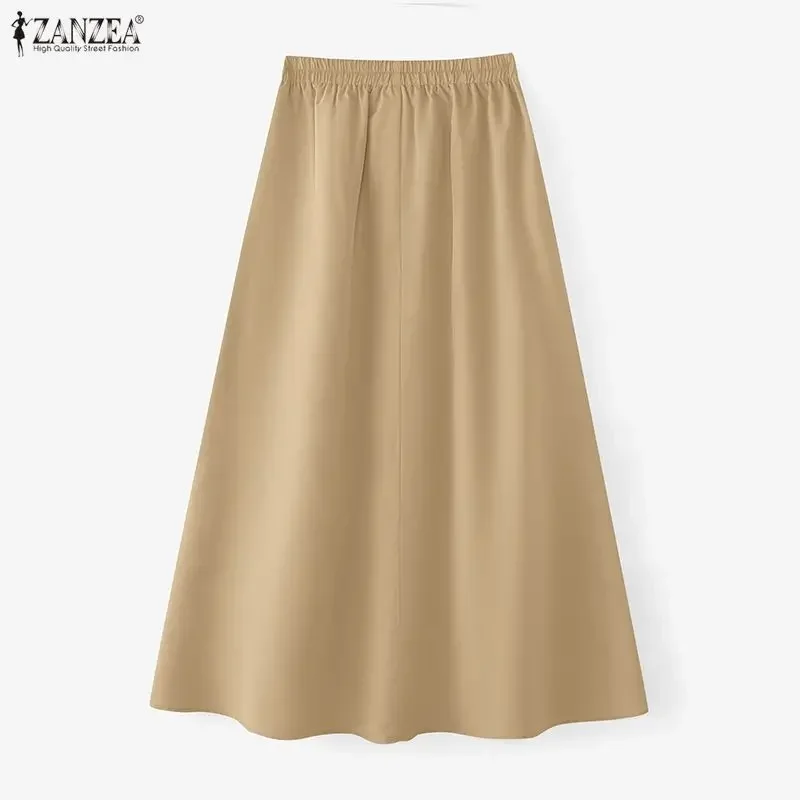 ZANZEA Fashion Women Long Skirts Fashion Lace Casual A-Line Ruffled Maxi Bottoms 2026 Summer Elastic Waist Jupes Faldas Saia