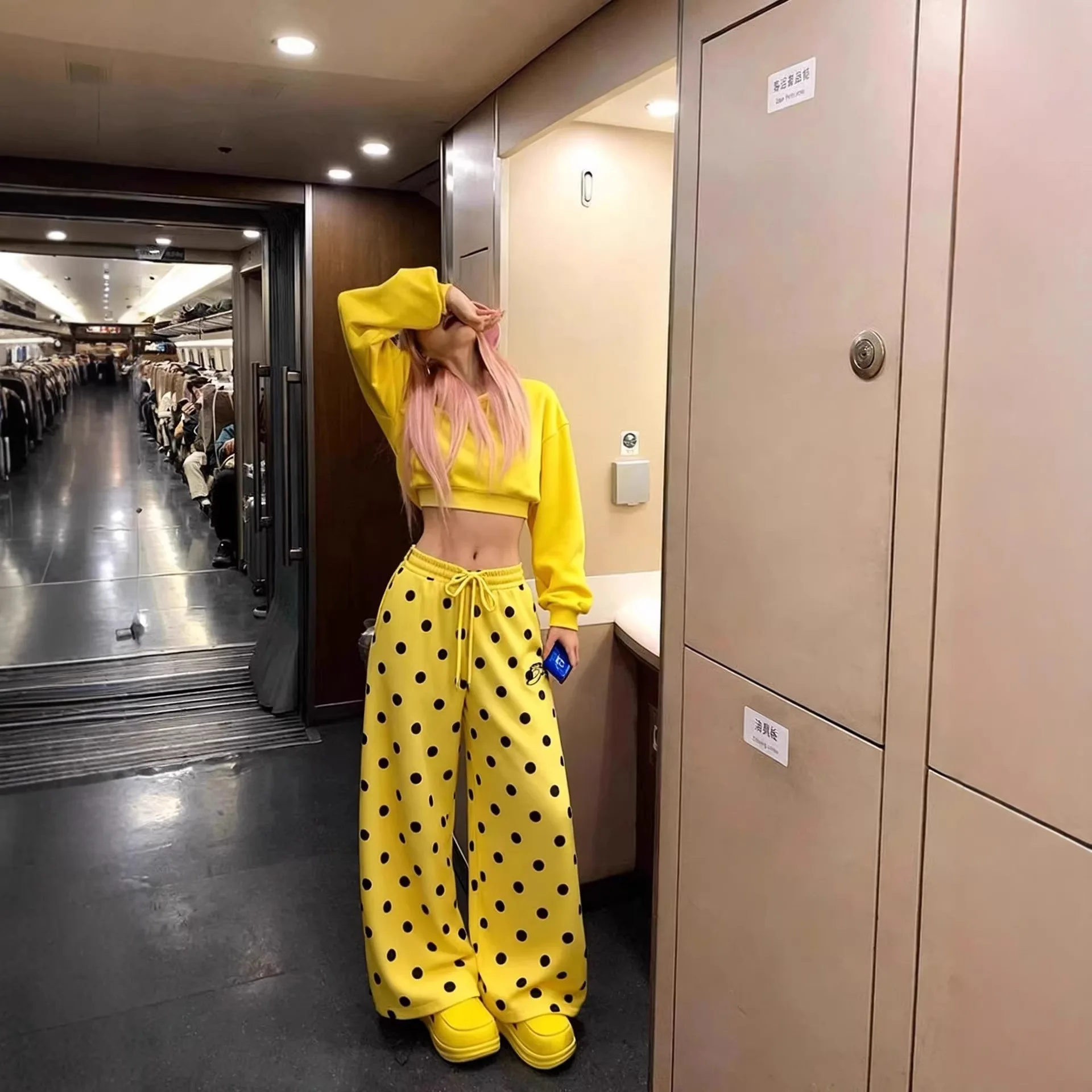 

Three-dimensional Waist Cotton Composite Yellow Polka Dot Slacks, Spring and Summer Loose Lazy Loose Straight-leg Pants