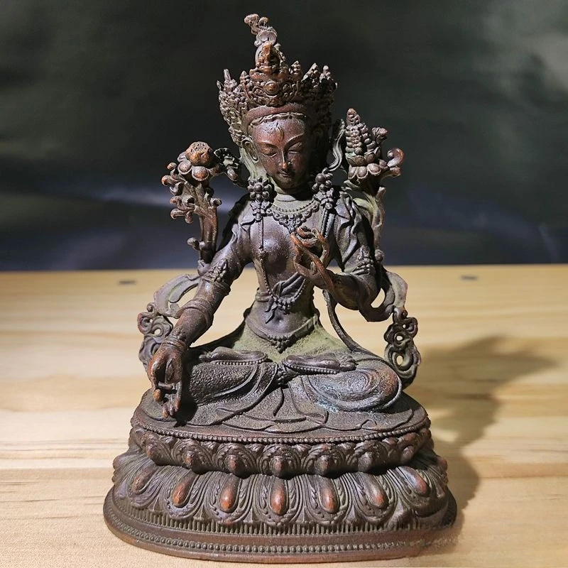 

Antique Buddha Statue Home Living Room Office Decoration Figurines Retro Brass Chinese Tibetan Green Tara Buddha Statue