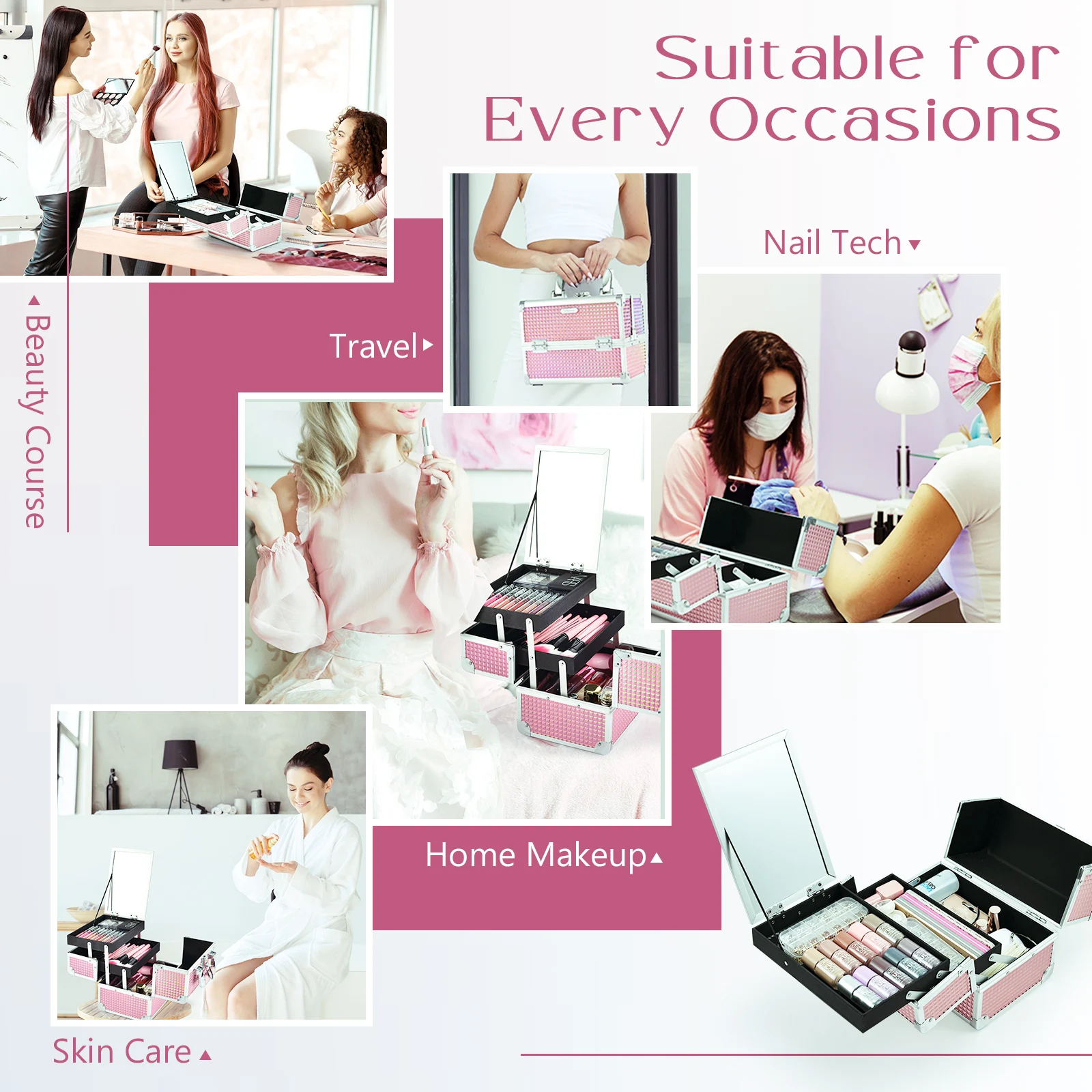 Trousse de maquillage portable avec miroir, valise de maquillage en alliage avec serrure, boîte de rangement pour module de manucure, bijoux