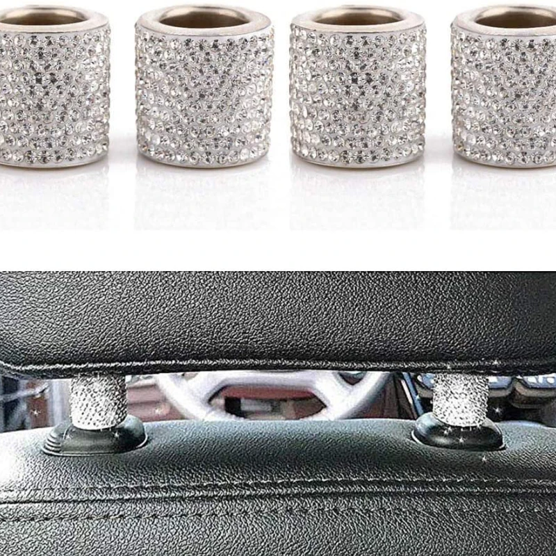 4 Pack Car Headrest Collars Car Head Rest Rings Decor Bling Bling Crystal Diamond Ice for Car SUV Truck Interior Decoration