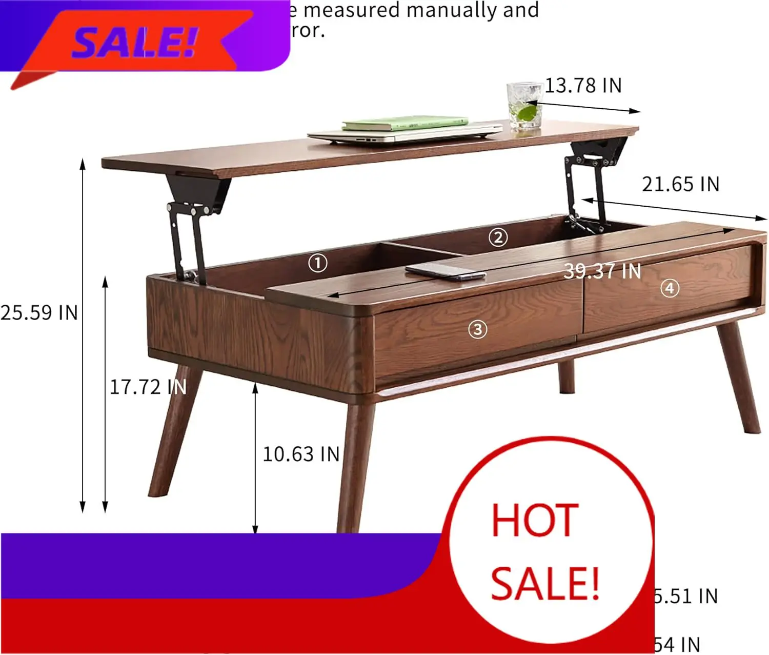 

Wood Lift Top Coffee Table, 100% Solid Oak Wood Small Rising Dining Center Table with Storage Shelf and Hidden Compartment for L