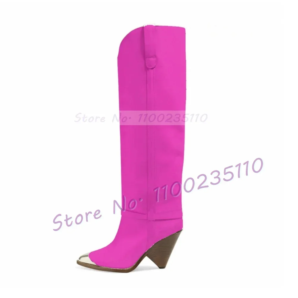 Silver Metal Toe Tan Knee-High Boots Women Fashion Pointed Toe Cone Heel Catwalk Shoes Ladies Stylish Cool Girls Slanted Boots image 4