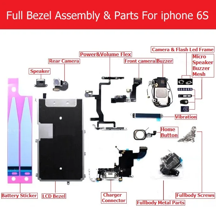 

Полный комплект деталей в сборе для iPhone 6s, зарядное устройство, USB/ЖК-рамка/камера/динамик/винт/кронштейн/зуммер/сетка/домашняя гибкая мощность