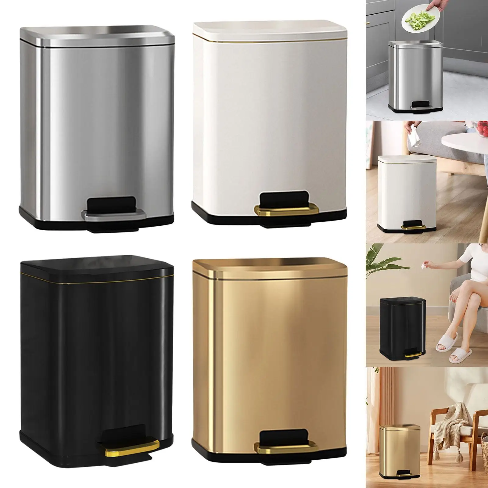 9L Step Trash Can Fashion Foot Pedal Garbage Bin Stainless Steel Garbage Bin Rubbish Can for Office Bathroom Bedroom