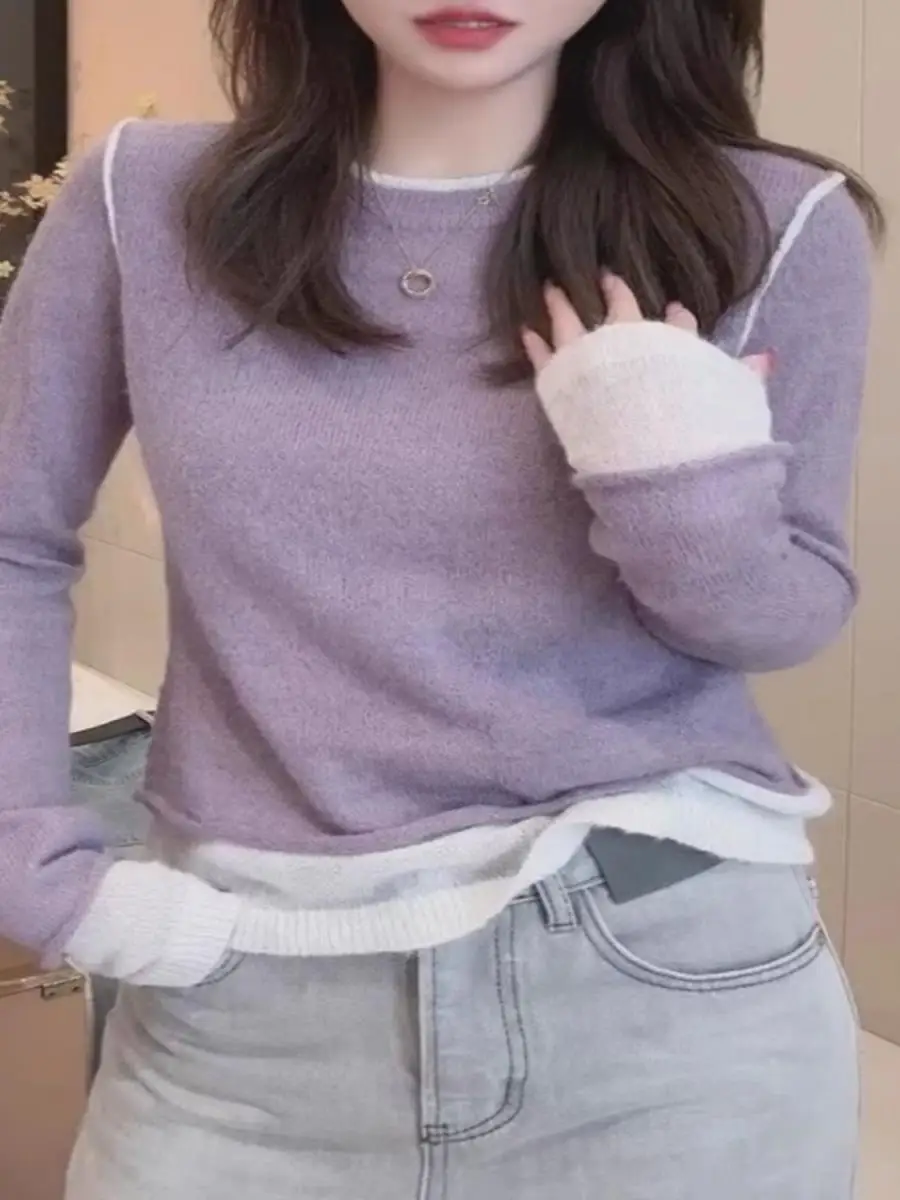 الكورية Sle الحلو اللون بلو وهمية قطعتين متماسكة سترة طويلة Sve قاعدة طبقة irt الخريف الشتاء التخسيس العصرية