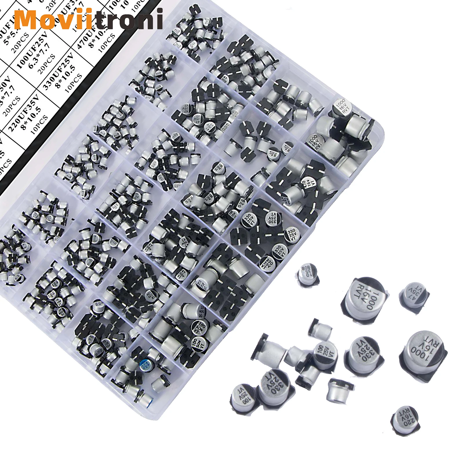 مجموعة متنوعة من المكثفات الإلكتروليتية 24 قيمة SMD تجاوز ألومنيوم منخفض التردد مع صندوق تخزين 1 فائق التوهج - 1000 فائق التوهج