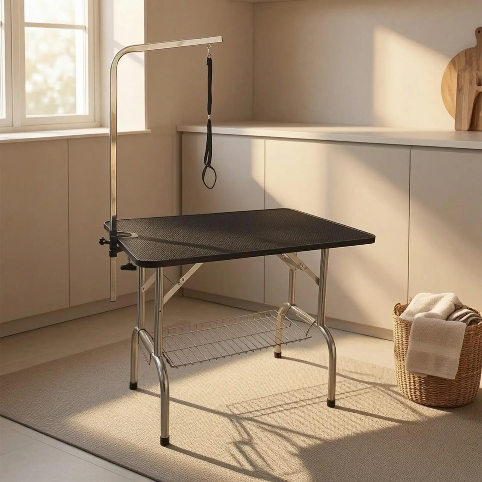 Portable Dog Grooming Table with Rubber Mat and Hanging Loop for Professional Pet Care