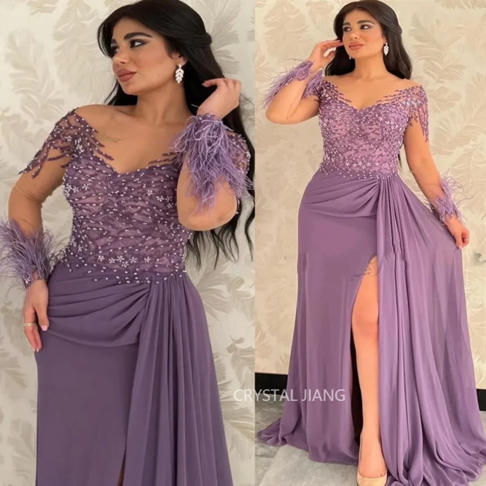 

Vintage Long Purple Evening Dresses V Neck Crepe Full Sleeves with Feathers Slit A Line Floor Length فساتين سهره for Women