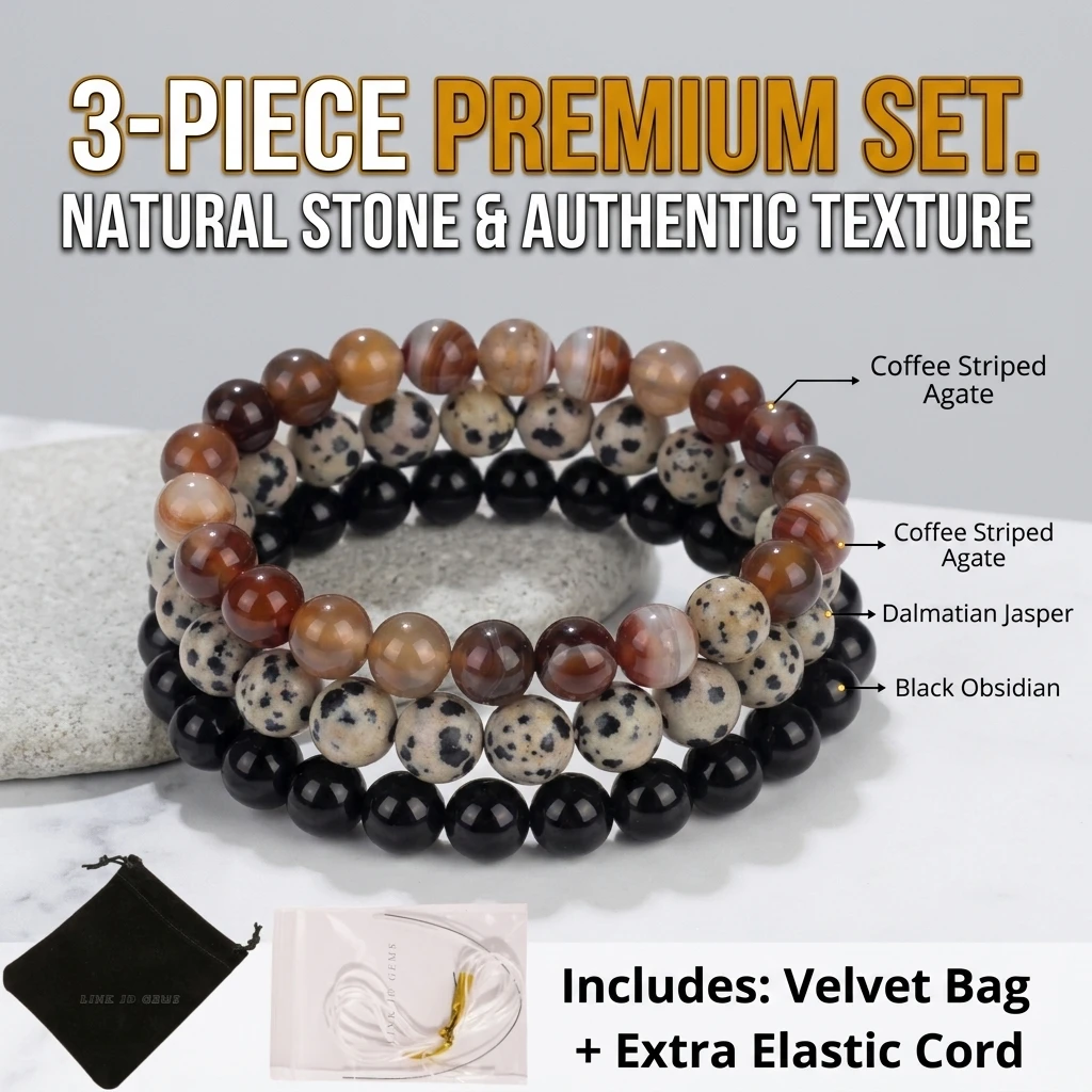 3Pcs Nature Black Obsidian Dalmatian Jasper Striped Agate Beaded Bracelet Set Stackable Protection Harmony Stone Jewelry for Men
