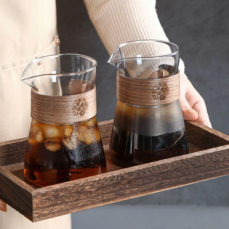 2pcs Set Glass Coffee Server 16oz, Glass Coffee Carafe with Heat-Resistant Wood Loop,Coffee Decanter Coffee Server for Pour Over