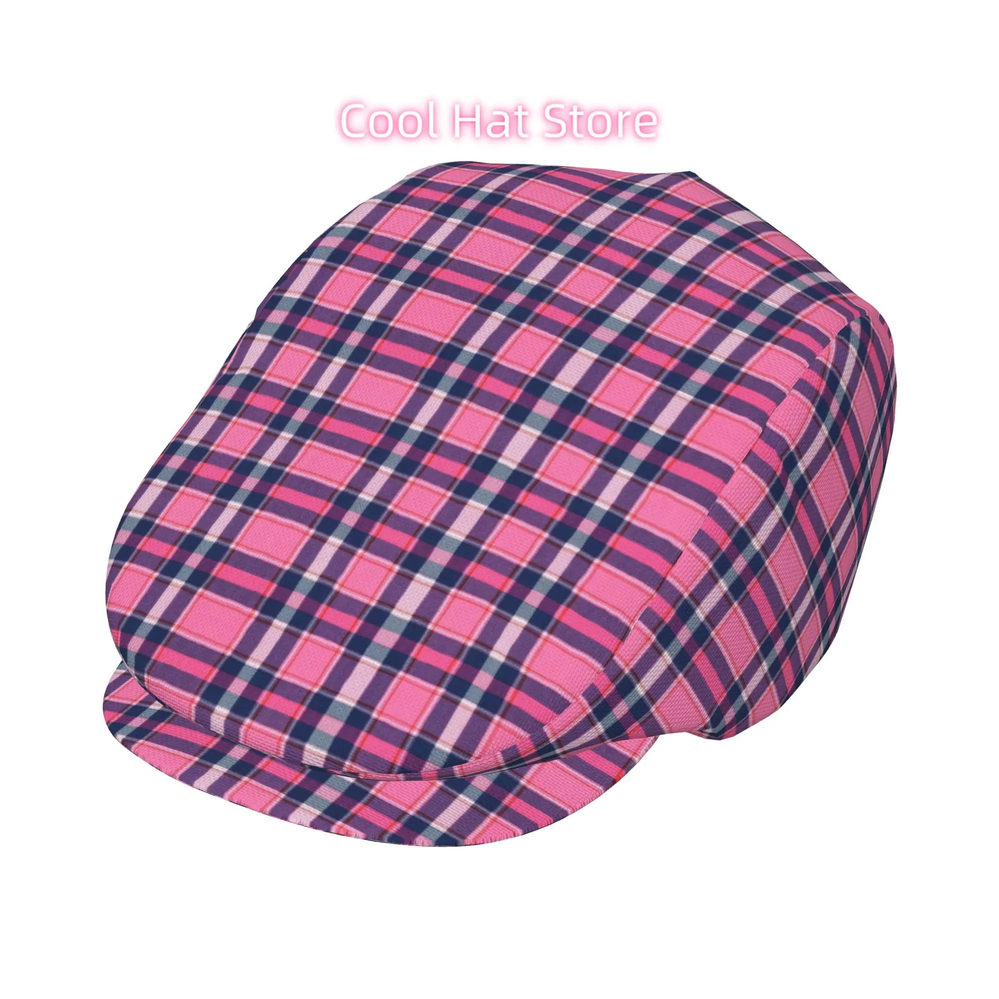 1pc Pink & Purple Clash Modern Plaid Beret Cap - Adjustable Newsboy Cabbie Hat with Closure, Lightweight Polyester Unisex for Me