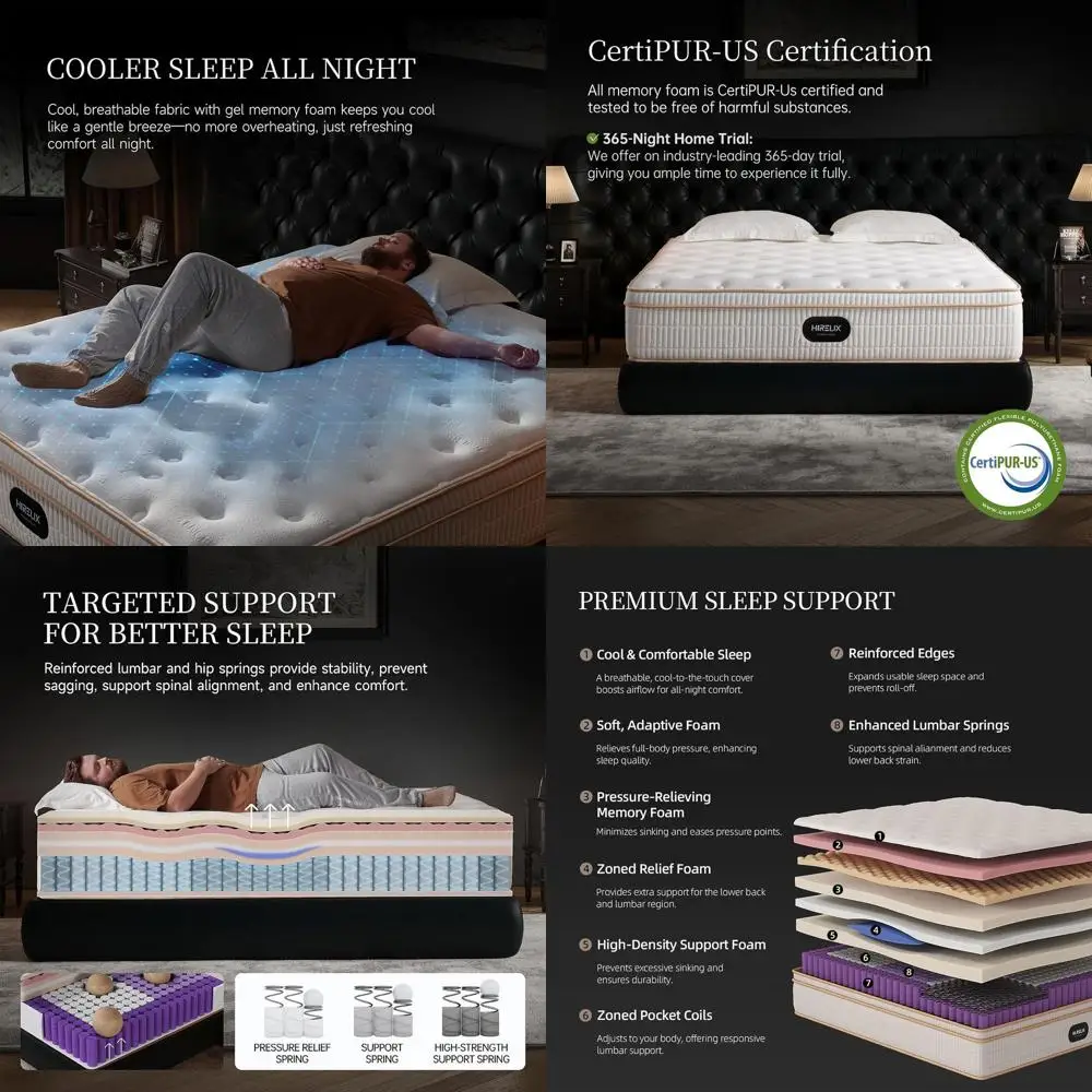 Colchão Queen Size 12 Polegadas, firmeza média com espuma viscoelástica e bobinas de bolso embaladas individualmente, sem fibra de vidro, CertiPUR-US Ce