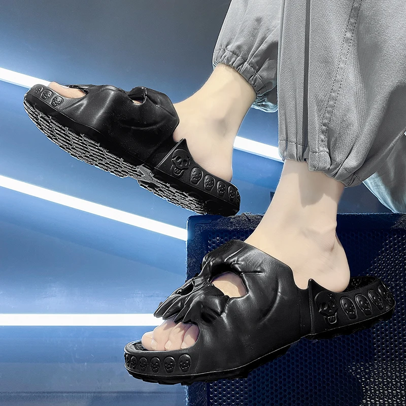 

Большие размеры 47, летние уличные шлепанцы на толстой подошве, пляжные нескользящие мужские сандалии на платформе, мужские тапочки с дизайном черепа, Y2K, персонализированные панк