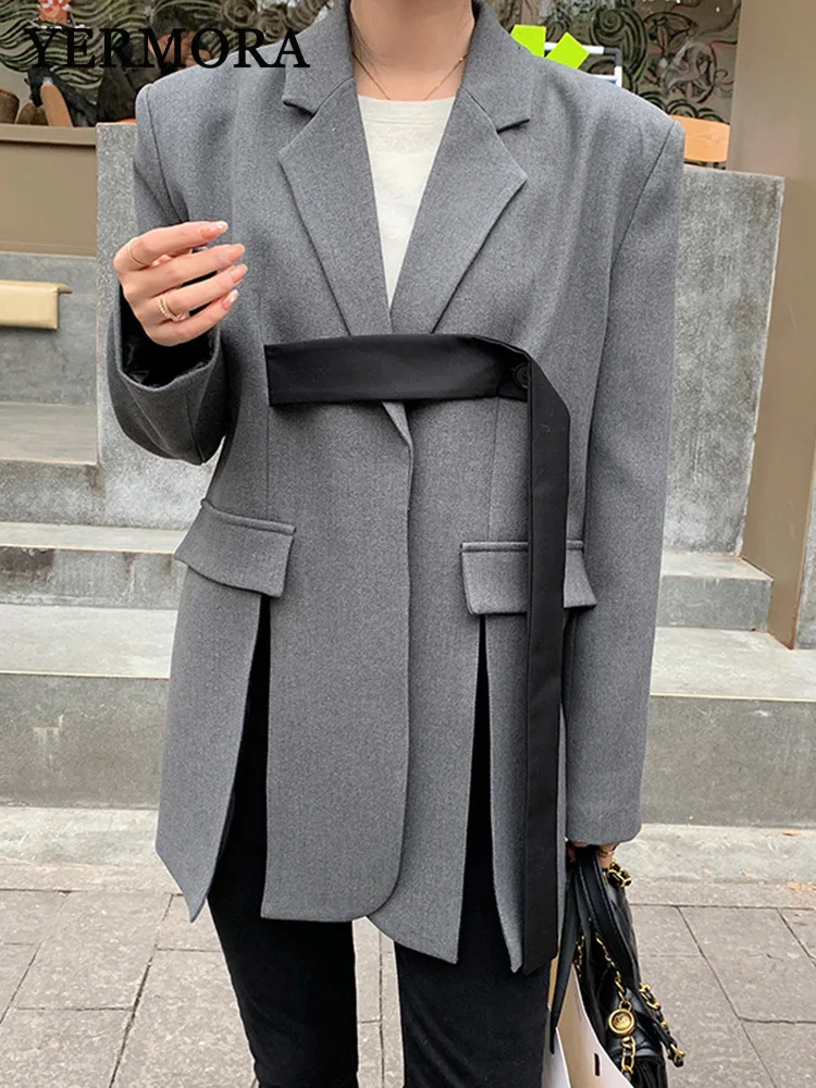 YERMORA Gray Slit Belt Casual Blazer For Women Lapel Long Sleeve Loose Fit Jacket Fashion Tide Spring Autumn 2025 New A224