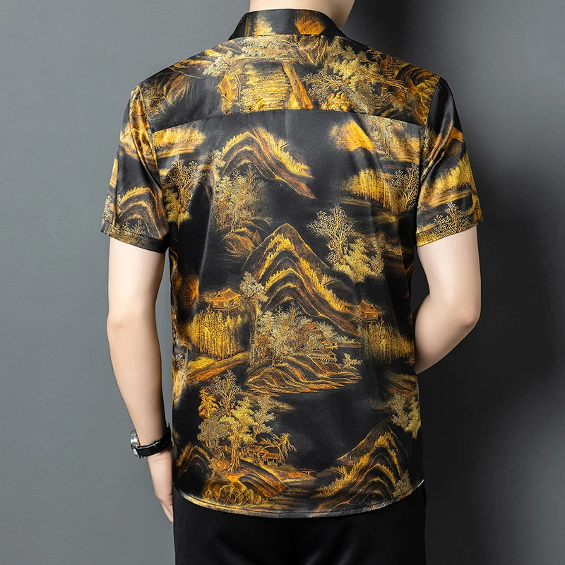 Skin-Friendly Print Shirts For Men Short Sleeve Lightweight Satin Summer Quality Mulberry Silk 92.5% Luxurious Camisas De Hombre